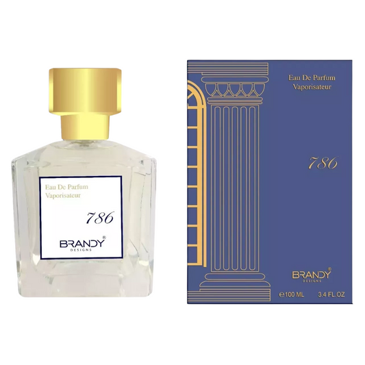 Brandy Designs 786 perfume bottle and packaging on a white background