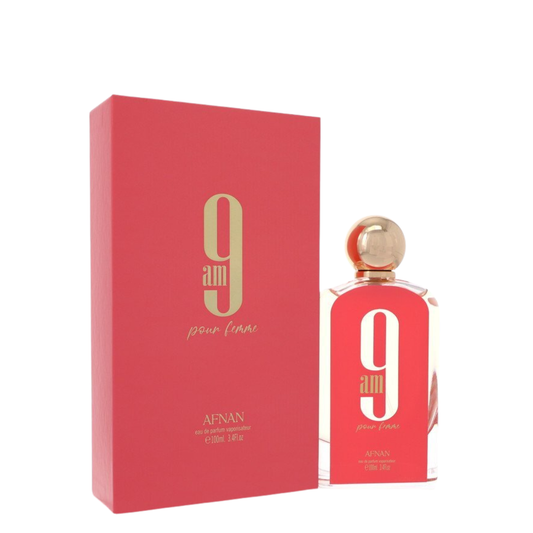 Afnan 9am pour femme perfume bottle and packaging on a white background