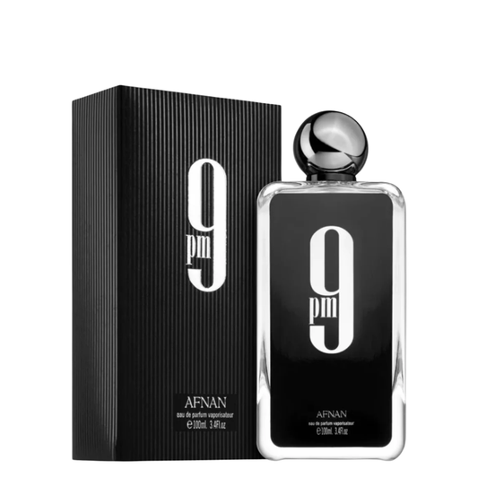 Perfume bottle and packaging with '9 PM' branding on a white background. Afnan 9pm Mens Perfume