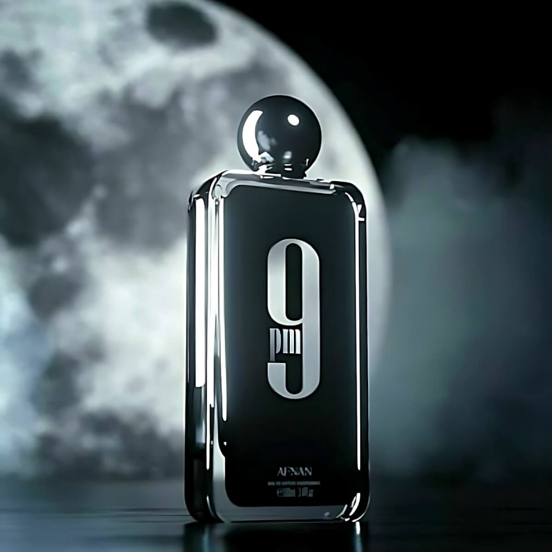 Black perfume bottle labeled '9' with a moonlit background. Afnan 9pm Mens Perfume