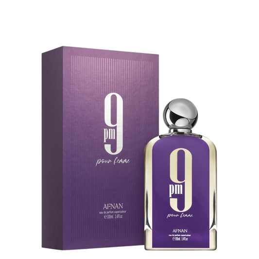 Afnan 9PM pour Femme perfume bottle and packaging on a white background