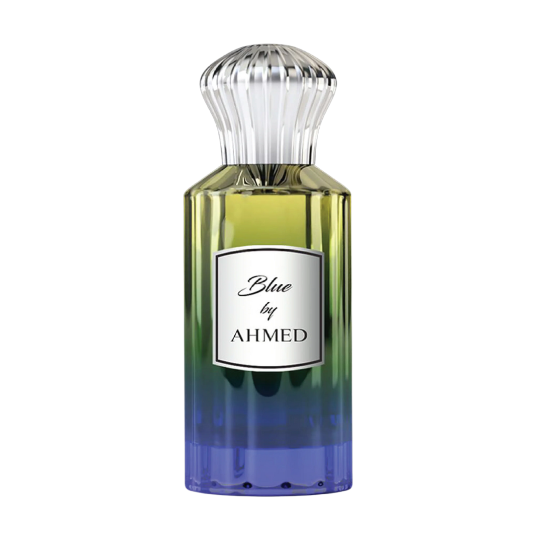 Perfume bottle labeled 'Blue by Ahmed' with gradient design on a white background