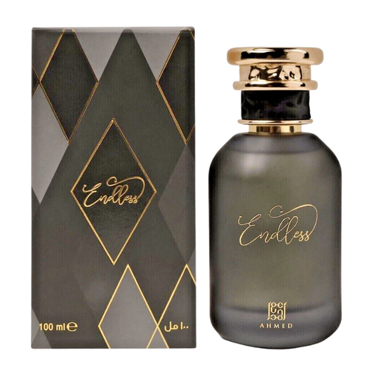 Perfume bottle and packaging of 'Endless' by Ahmed on a white background. Ahmed Al Maghribi Endless Unisex Perfume
