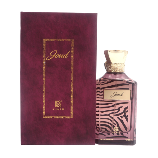 Perfume bottle with zebra pattern and matching box on a white background. Ahmed Al Maghribi Joud Unisex Perfume