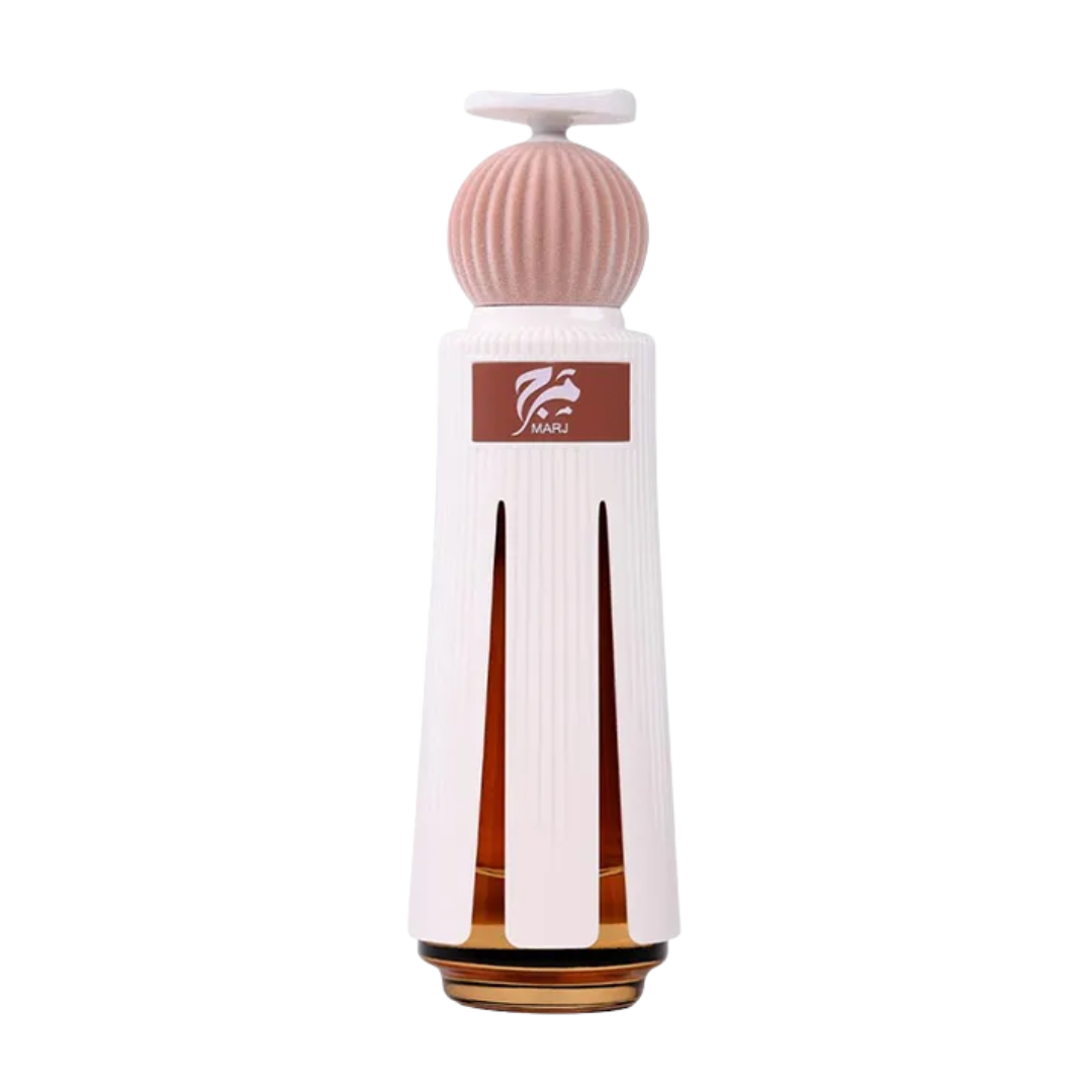 White bottle with a pink cap on a white background. Ahmed Al Maghribi Marj Unisex Perfume