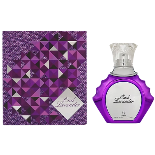 Purple Oud Lavender perfume bottle and packaging on a white background