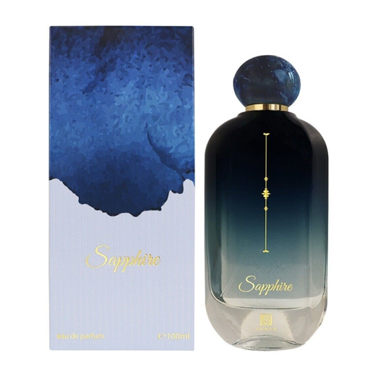 Perfume bottle and packaging with 'Sapphire' branding on a white background