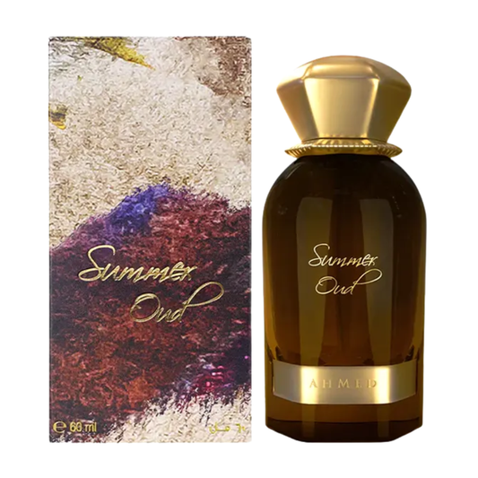 Perfume bottle and packaging of 'Summer Oud' with gold accents on a white background