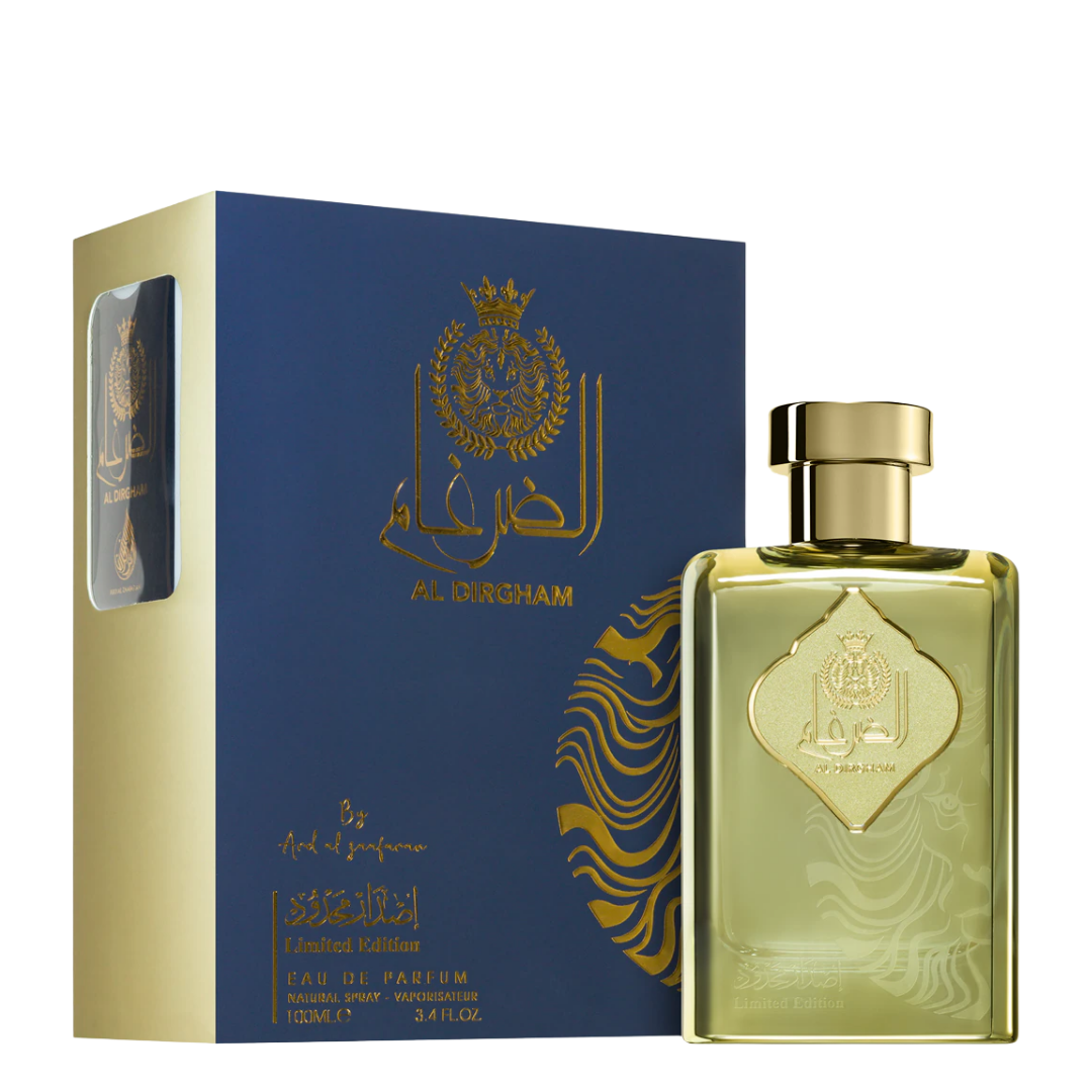 Gold perfume bottle and packaging with a blue box featuring branding on a white background. Al Dirgham Limited Edition by Ard Al Zaafaran Mens Perfume
