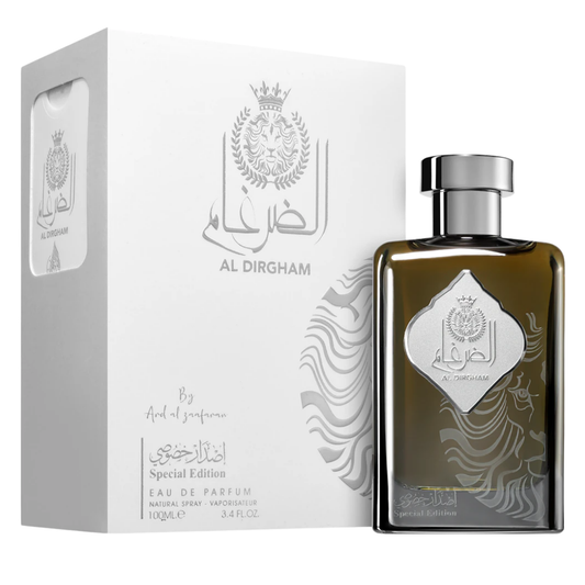 Perfume bottle and packaging of Al Dirgham on a white background. Al Dirgham Special Edition by Ard Al Zaafaran Unisex Perfume