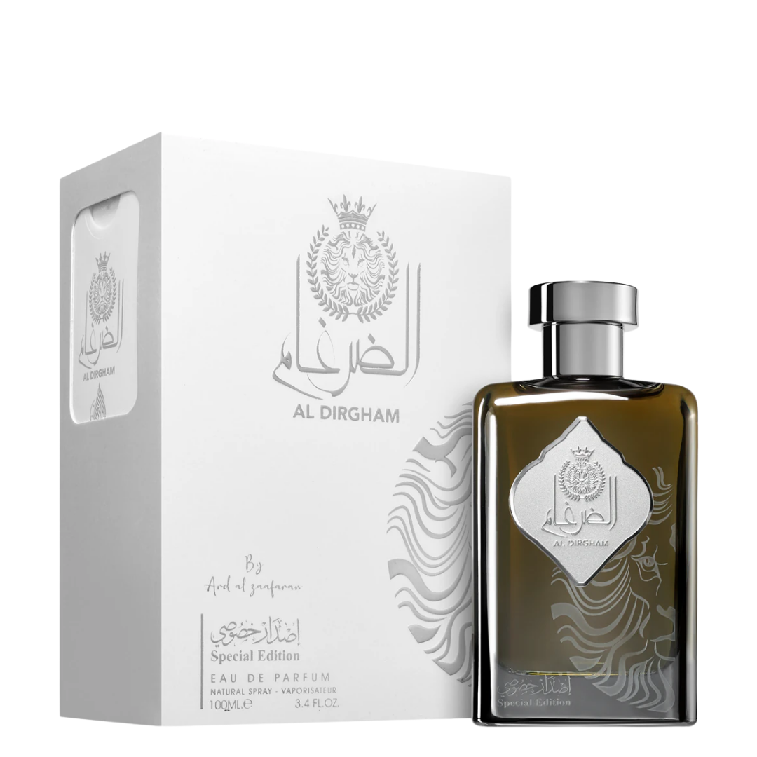 Perfume bottle and packaging of Al Dirgham on a white background. Al Dirgham Special Edition by Ard Al Zaafaran Unisex Perfume