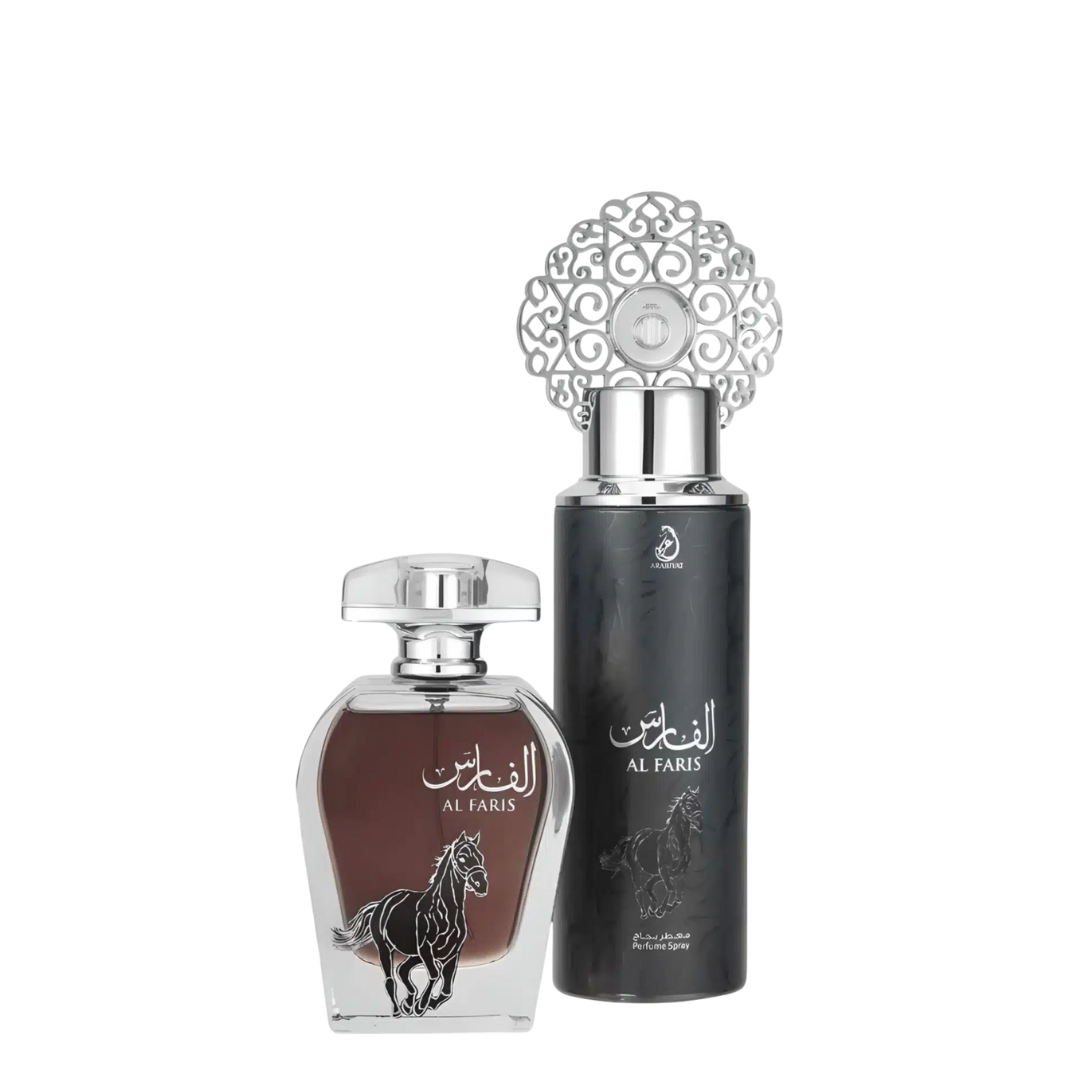 Two perfume bottles with silver and black designs on a white background. Al Faris Giftset by Arabiyat Unisex Perfume
