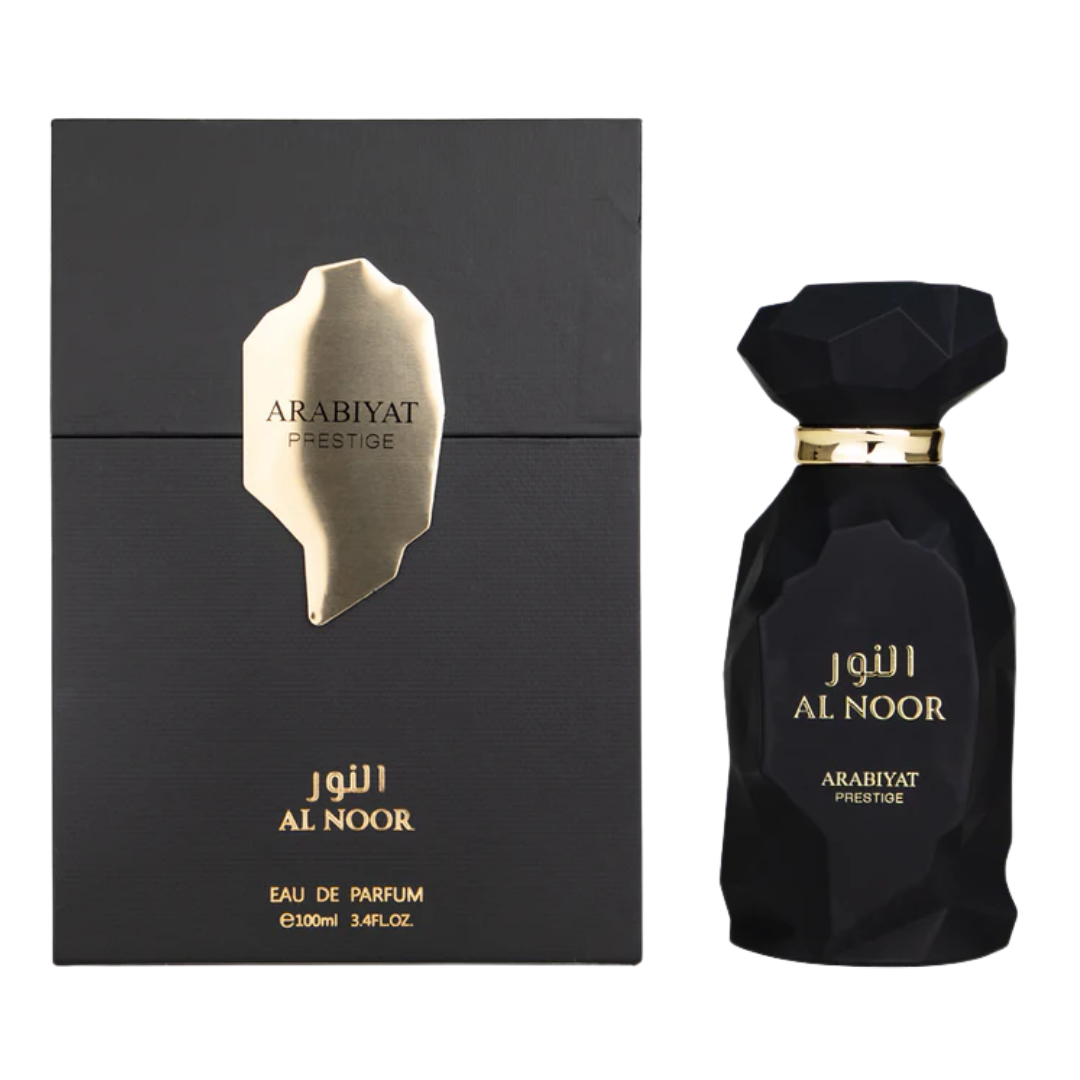 Perfume bottle and packaging on a white background. Al Noor by Arabiyat Prestige Unisex Perfume