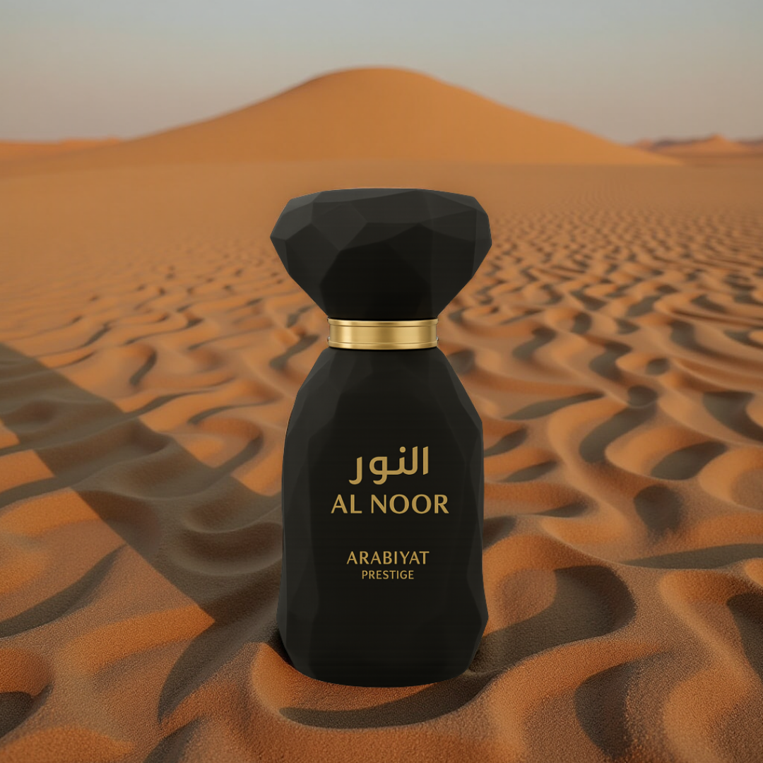 Perfume bottle with desert background. Al Noor by Arabiyat Prestige Unisex Perfume