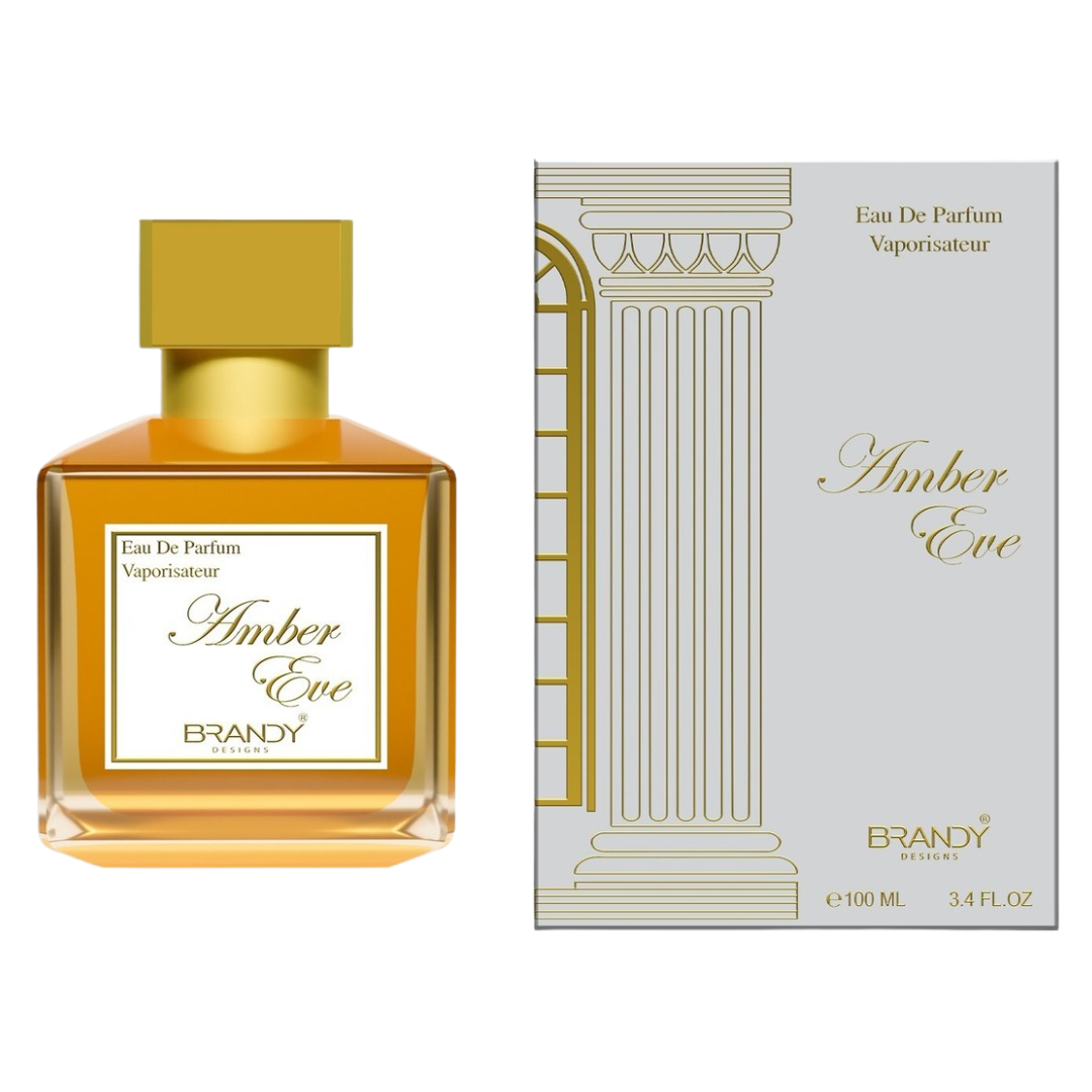 Amber Eve perfume bottle and packaging on a white background. Amber Eve by Brandy Designs Unisex Perfume.