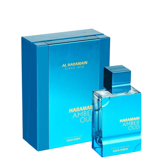 Blue Al Haramain Amber Oud perfume bottle and packaging on a white background. Amber Oud Aqua Dubai by Al Haramain Unisex Perfume
