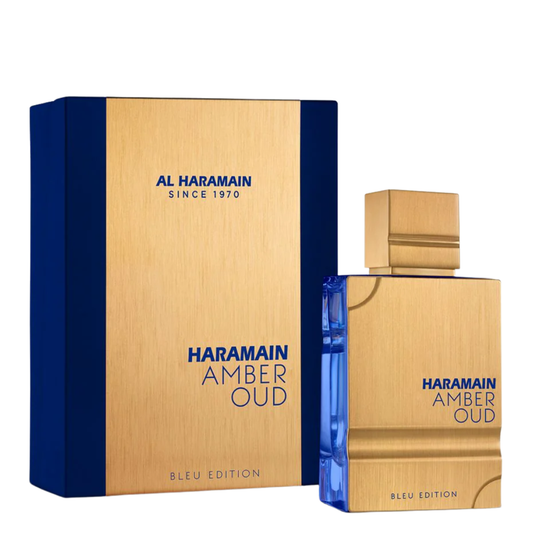 Haramain Amber Oud perfume bottle and packaging on a white background