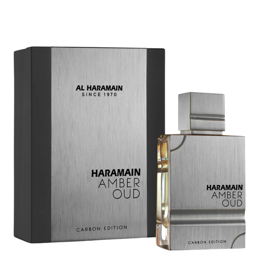 Haramain Amber Oud Carbon Edition perfume bottle and packaging on a white background