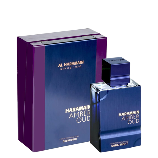 Haramain Amber Oud perfume bottle and packaging on a white background. Amber Oud Dubai Night Al Haramain Mens Perfume