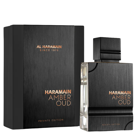 Haramain Amber Oud perfume bottle and packaging on a white background. Amber Oud Private Edition by Al Haramain Unisex Perfume