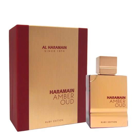 Haramain Amber Oud Ruby Edition perfume bottle and packaging on a white background