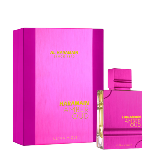 Haramain Amber Oud Ultra Violet perfume bottle and packaging on a white background