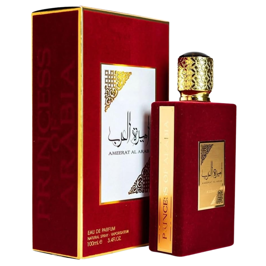 Ameerat Al Arab perfume bottle & box different angle– elegant Arabian fragrance with gold and red design, symbolizing luxury and oriental allure. Clone / dupe of / inspired by Armani - My Way perfume.