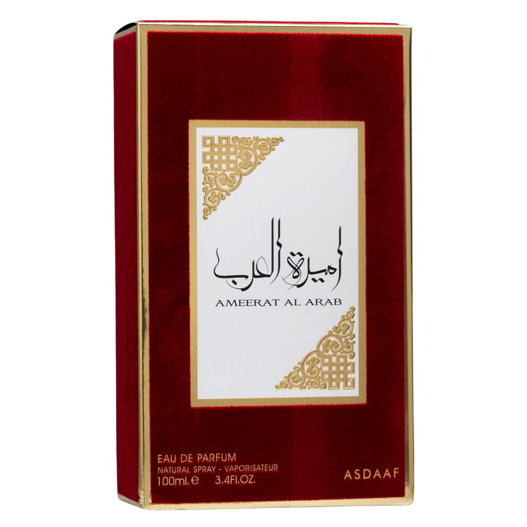Ameerat Al Arab perfume box – elegant Arabian fragrance with gold and red design, symbolizing luxury and oriental allure. Clone / dupe of / inspired by Armani - My Way perfume.