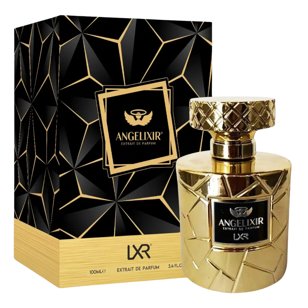 Gold Angelixir perfume bottle and packaging on a white background. By LXR perfumes.