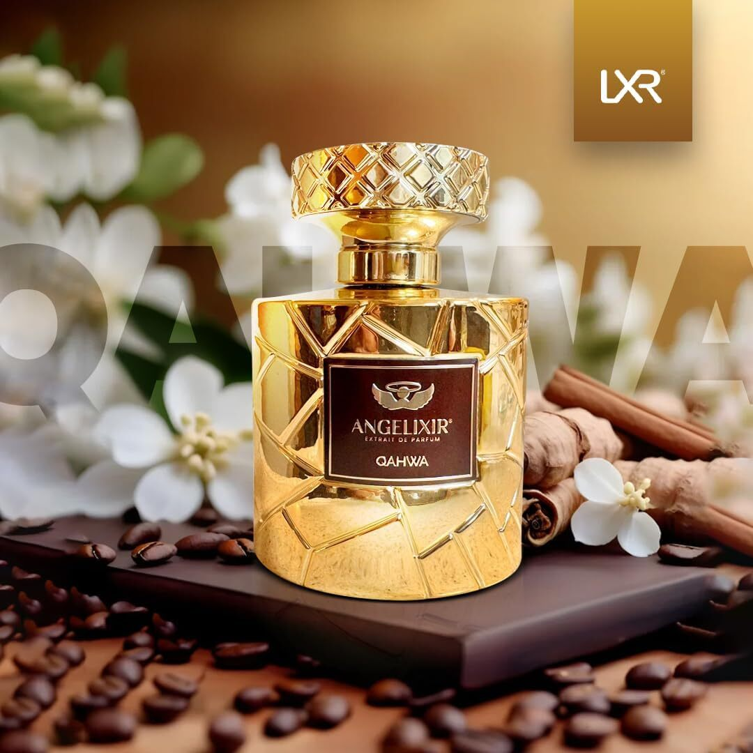 Gold Angelixir Qahwa perfume bottle with flowers and cinnamon sticks on a brown surface, featuring the LXR brand.