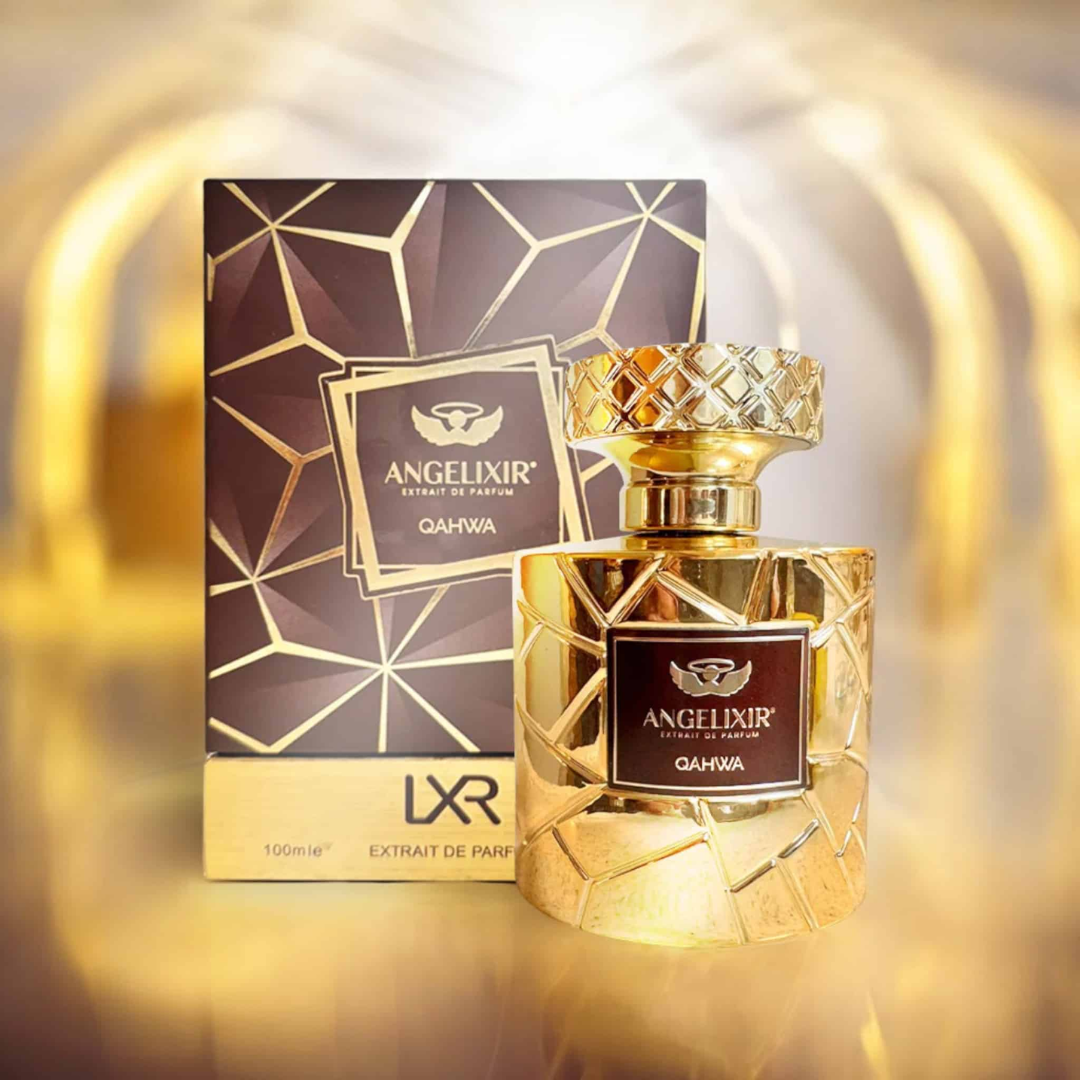 Gold Angelixir qahwa perfume bottle and packaging on a blurred gold and white background. LXR perfumes.