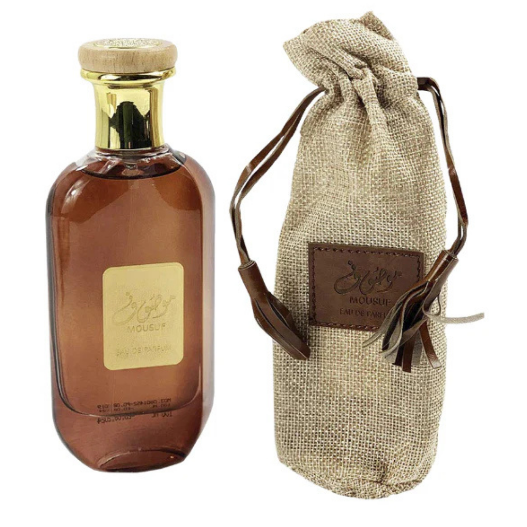 Mousuf Eau de Parfum with Burlap Gift Pouch – Sophisticated Mousuf perfume bottle paired with a rustic burlap drawstring pouch, combining artisanal charm and premium scent presentation. Clone / dupe of / inspired by Paco Rabanne - 1 Million Lucky perfume.