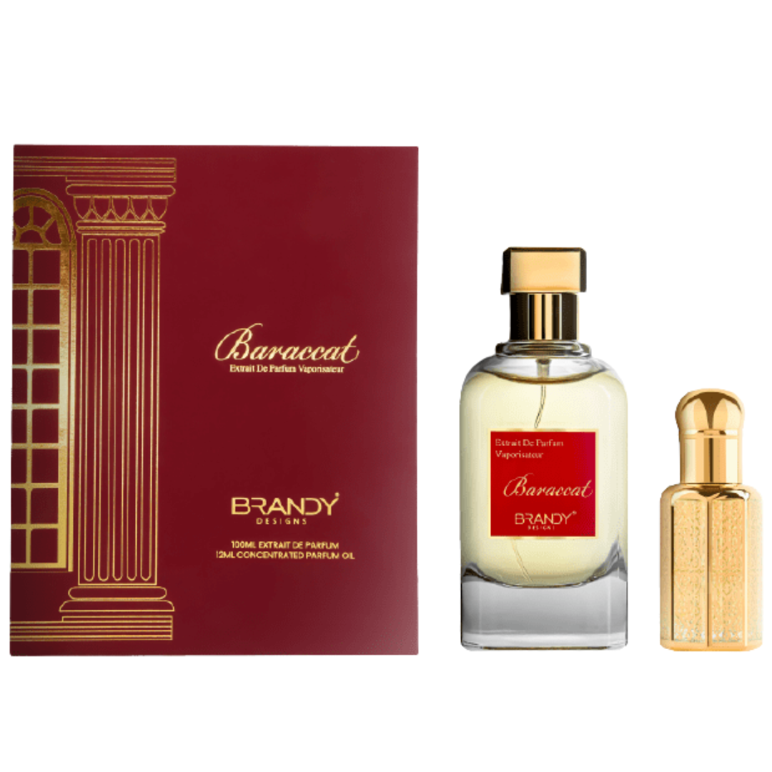 Brandy perfume set with red box and two bottles on a white background. Baraccat Giftset by Brandy Designs Unisex Perfume