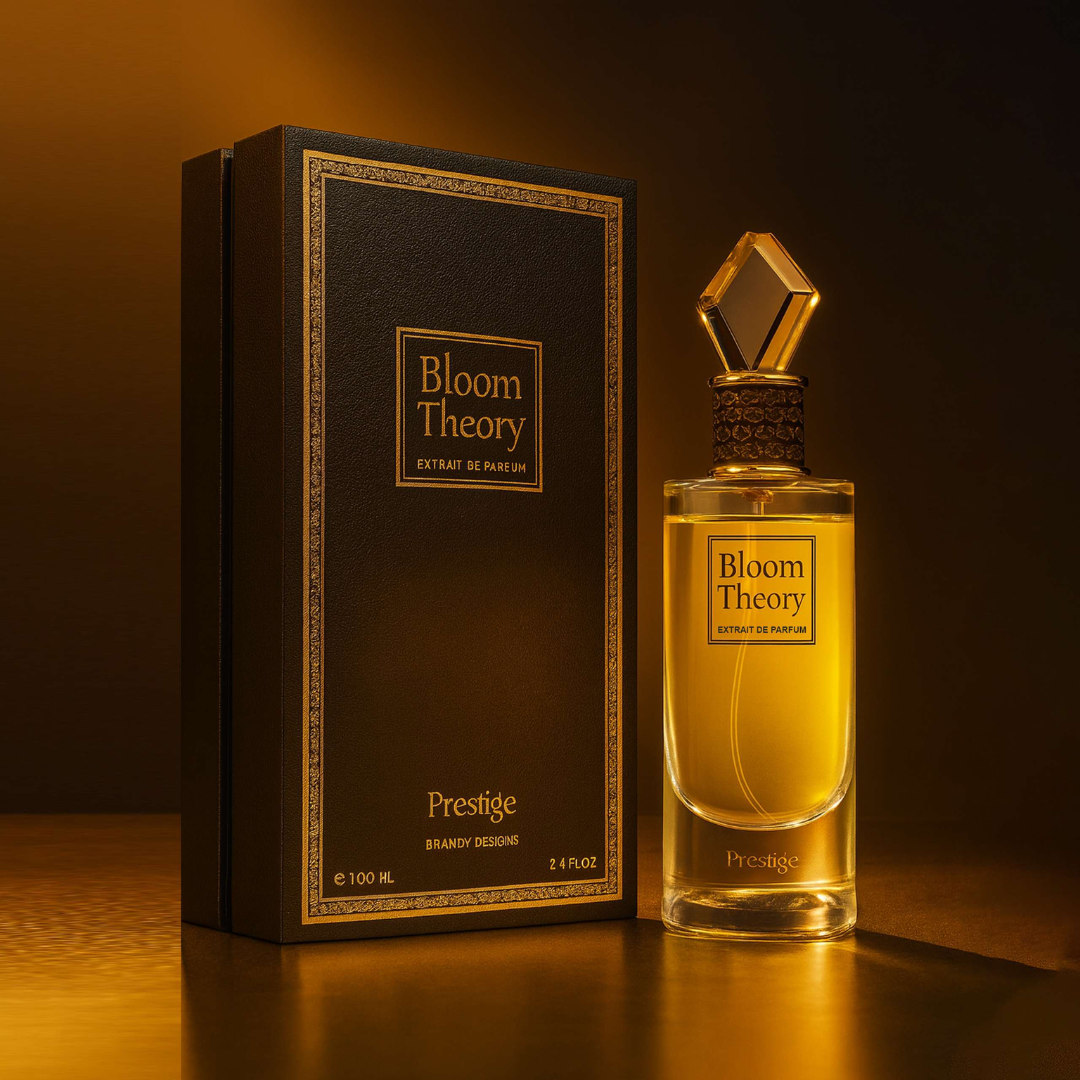Gold perfume bottle with 'Bloom Theory' branding next to a black box with the same branding. Bloom Theory by Brandy Designs Unisex Perfume.