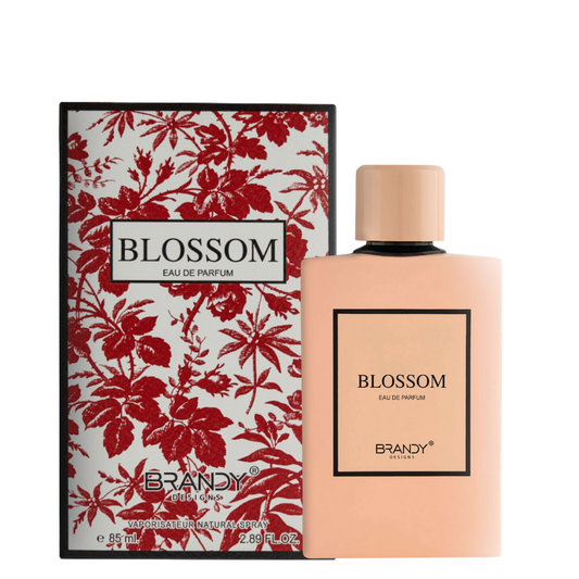 Blossom Eau de Parfum packaging with floral design and beige bottle on a white background. Blossom by Brandy Designs Womens Perfume