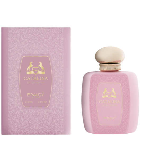 Pink Catalina Brandy bottle and packaging on a white background