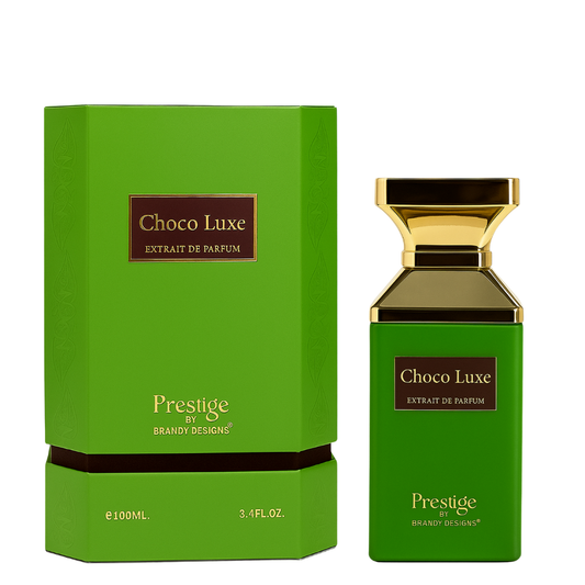 Green Choco Luxe perfume bottle and packaging on a white background