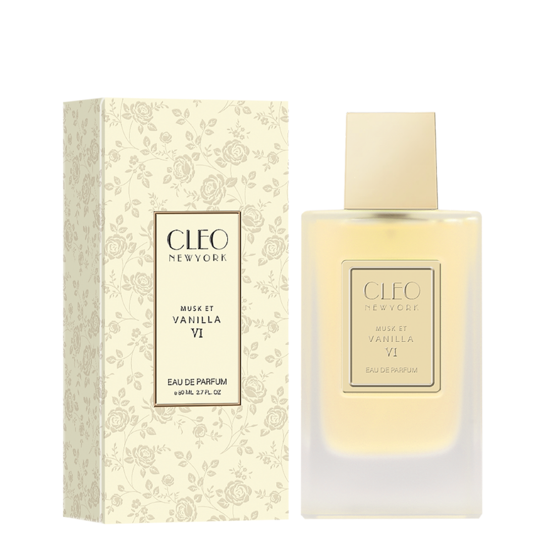 Cleo New York Musk et Vanilla VI perfume bottle and packaging on a white background