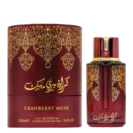 Red and gold Cranberry Musk perfume bottle and packaging on a white background. Cranberry Musk by Arabiyat Prestige Unisex Perfume