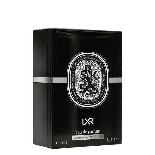 Black box of LXR eau de parfum with silver stripe and Diptyque logo. Diptych Desire SRK555 by LXR Mens Perfume