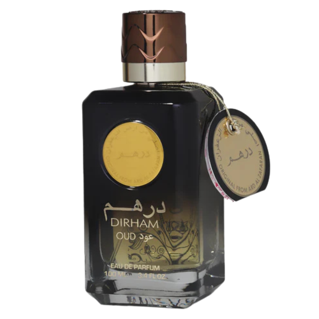 A 100ml EDP bottle of Dirham Oud perfume by Ard Al Zaafaran with a black and gold label, a silver cap, and a goldMedal emblem on the front. Elegant Dirham Oud perfume bottle with gold emblem and brown cap – premium Arabian oud scent.