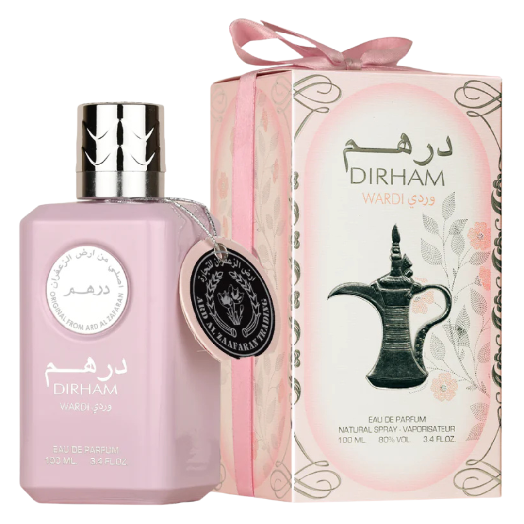 Dirham Wardi Eau de Parfum 100ml by Ard Al Zaafaran with gift box – feminine floral fragrance in elegant pink bottle with silver cap and decorative tag.