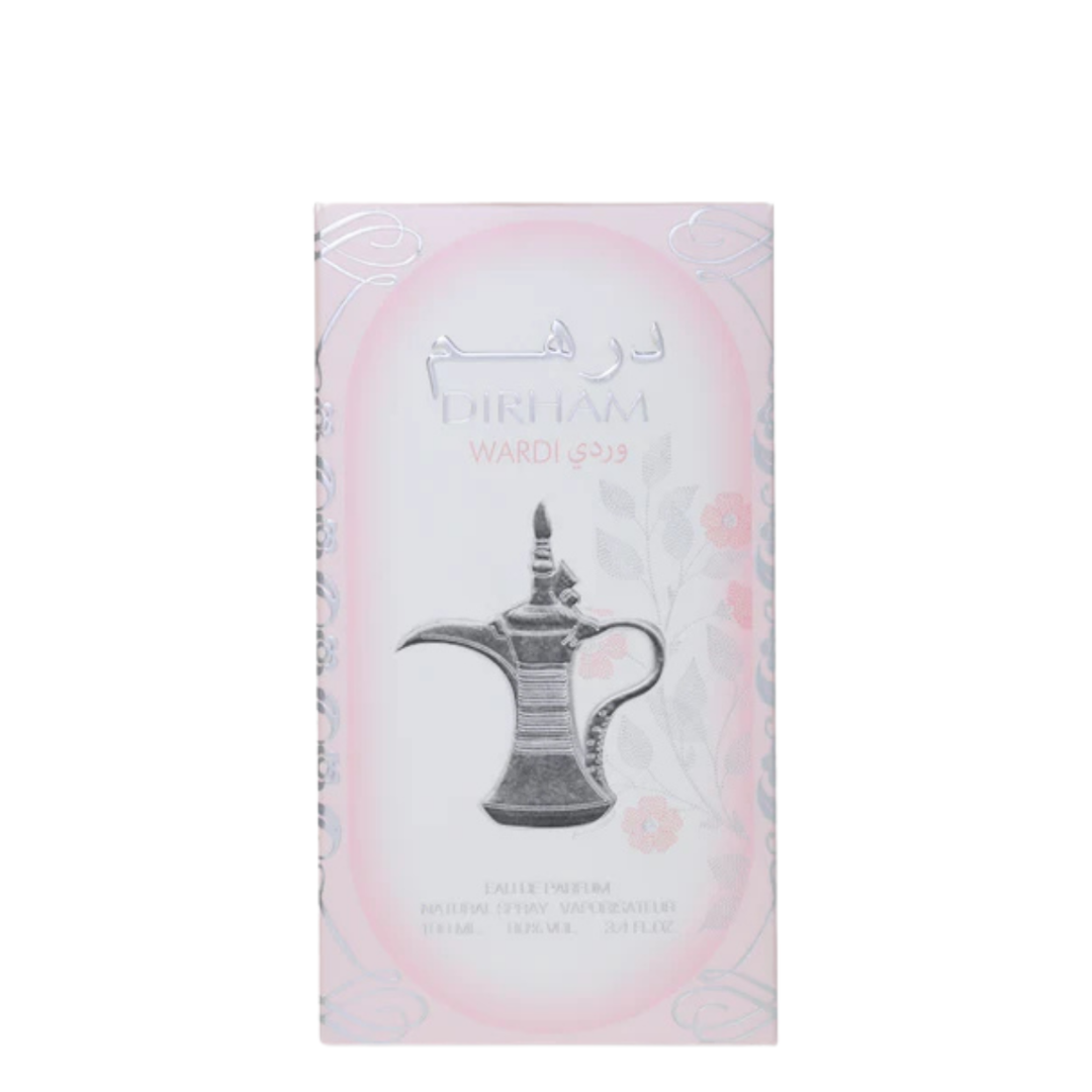 Dirham Wardi perfume packaging box – 100ml women’s fragrance by Ard Al Zaafaran with silver Arabic coffee pot design and pink floral background.
