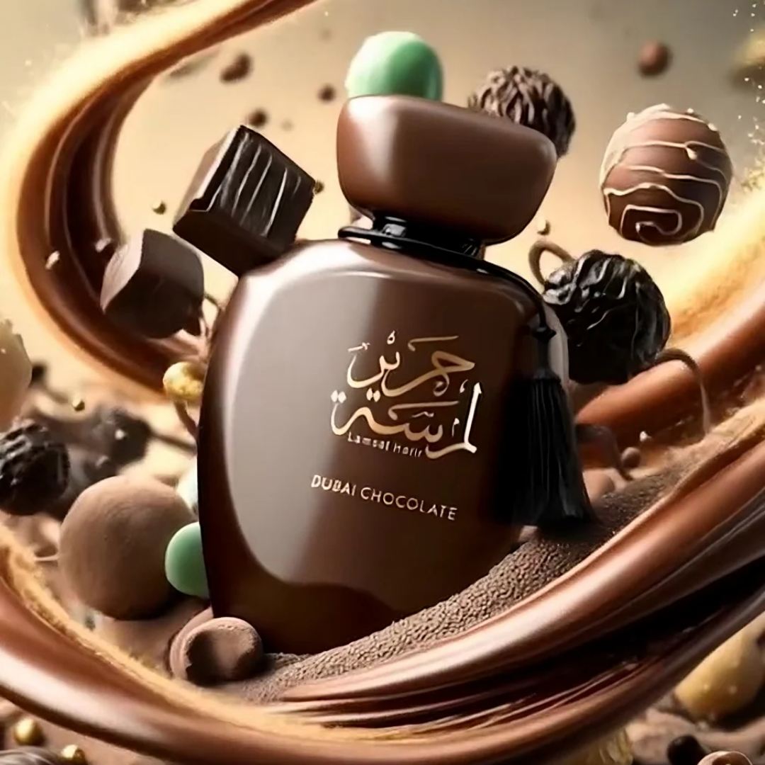Chocolate-flavoured perfume bottle with 'Dubai Chocolate' branding surrounded by chocolate truffles. Dubai Chocolate by Arabiyat Unisex Perfume