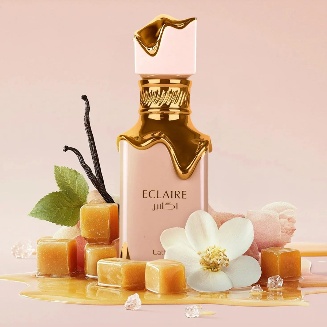Artistic shot of Eclaire by Lattafa women’s perfume, featuring notes of caramel, vanilla, and white florals. A long lasting luxury fragrance inspired by Giardini di Toscana Bianco Latte.