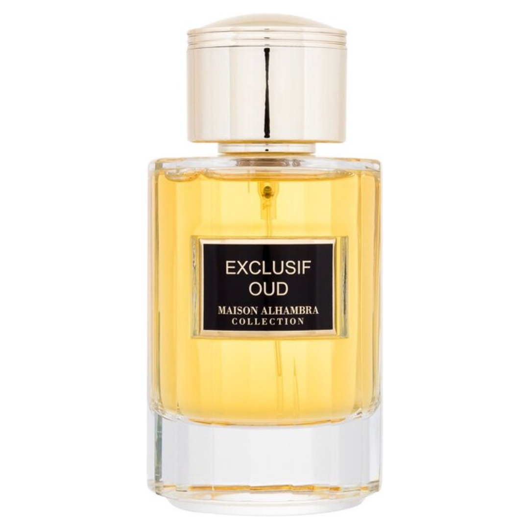Perfume bottle labeled 'Exclusif Oud' from Maison Alhambra Collection on a white background