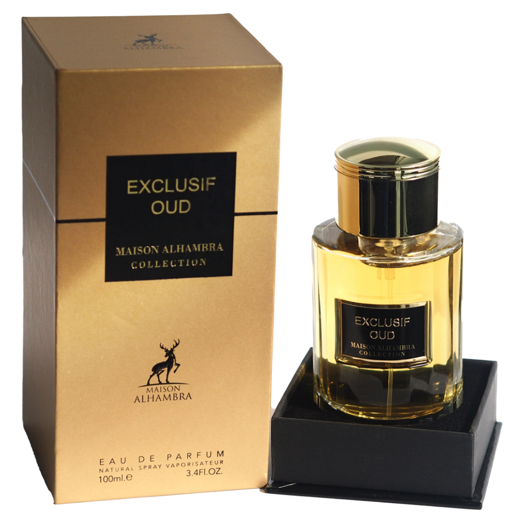 Maison Alhambra Exclusif Oud perfume bottle and packaging on a white background