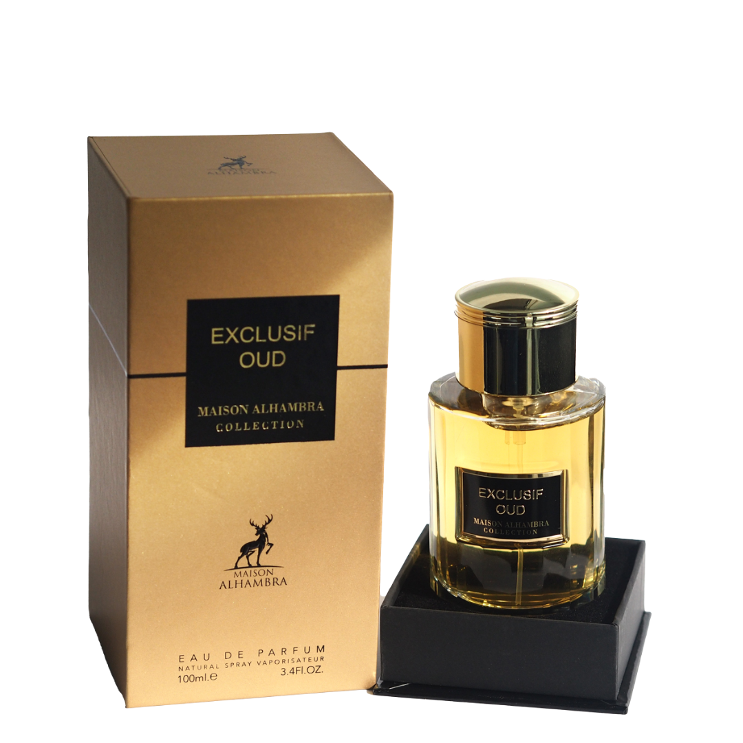 Maison Alhambra Exclusif Oud perfume bottle and packaging on a white background