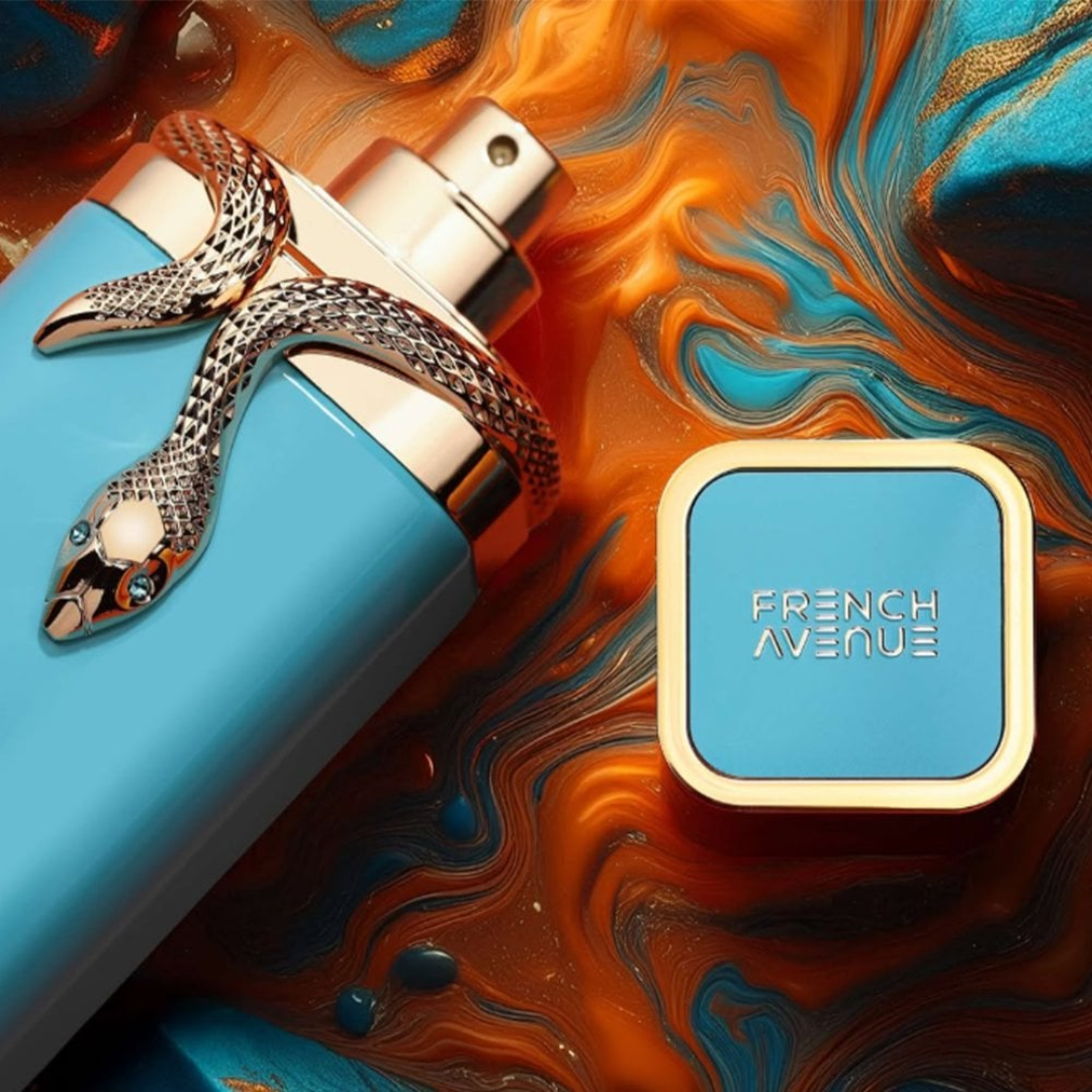 Perfume bottle with snake design and 'French Avenue' packaging on a colorful abstract background