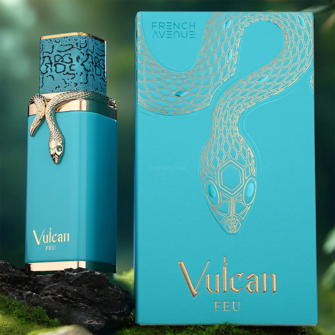 Teal perfume bottle and packaging with snake design on a green background